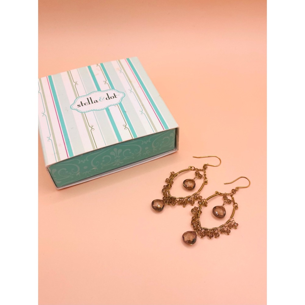 Stella & Dot Gold Tone Smoky Crystal Chandelier‎ Drop Earrings with Box Boho